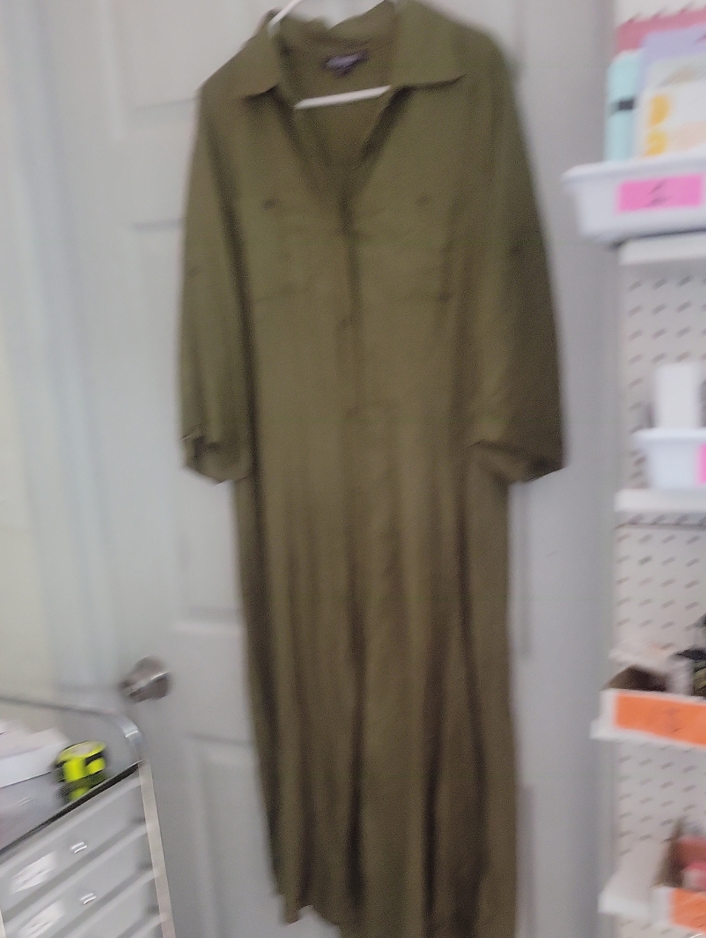 Roaman's Olive Green Long Button-Front Shirt Dress